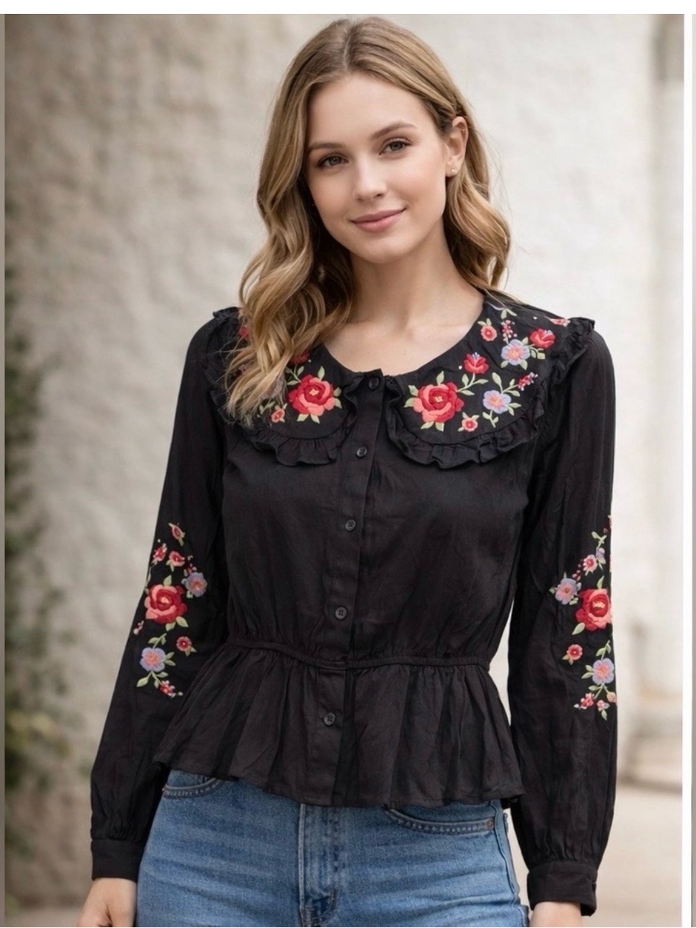Savanna Jane Black Button-Front Peplum Blouse with Red Floral Embroidery